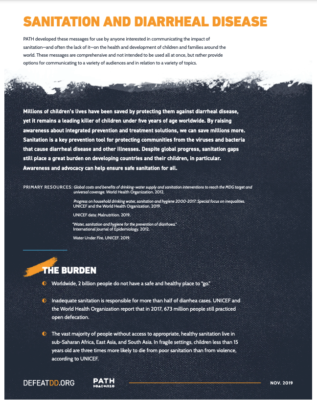 A flyer titled "Sanitation and Diarrheal Disease" by PATH highlights the global impact of childhood diarrhea and the importance of sanitation. It includes statistics on disease prevention, burden, and a call for increased investment in hygiene and sanitation efforts.